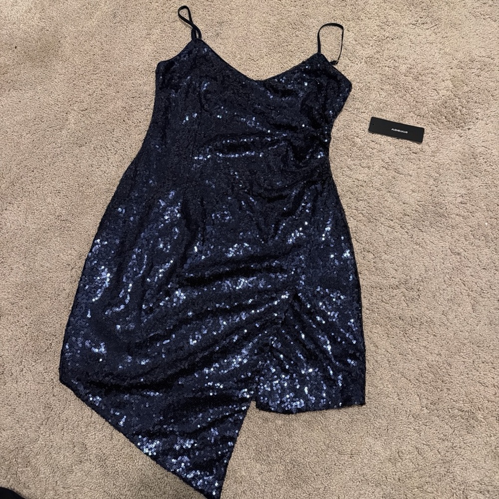 Lulu's Midnight Blue Asymmetrical Sequin Dress